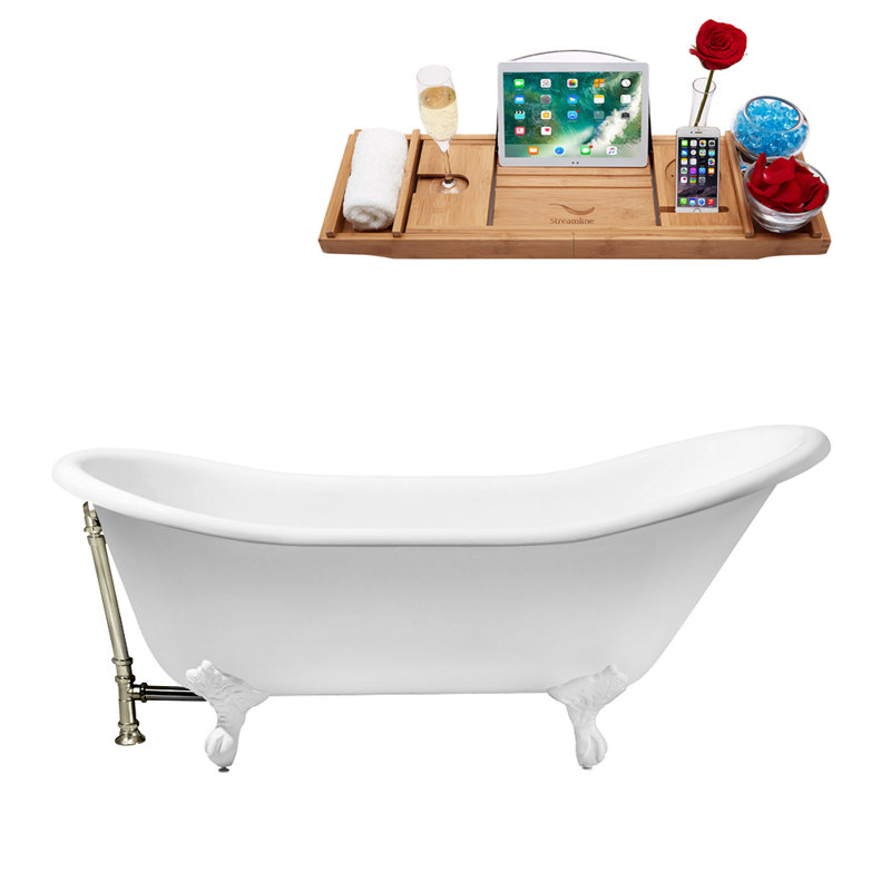 Baignoire de trempage sur pattes 67 "avec drain, pattes et plateau en bambou 67" Streamline, Blanc lustré, Nickel brossé