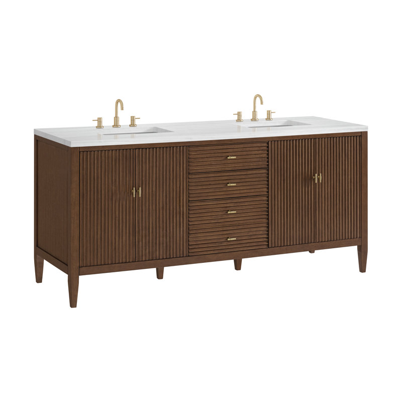 Myrrin 72'' W Double Vanity, Mid-Century Walnut, White Zeus, 8" Widespread
