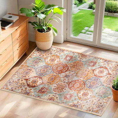 2x3 Ft  Area Rugs Washable Rug For Living Room，Non-Slip Bedroom Rug Vintage Print Pattern Large Carpet For Office Dining Room Low Piles Indoor Carpet,Cream/Multi,2x3 Ft  