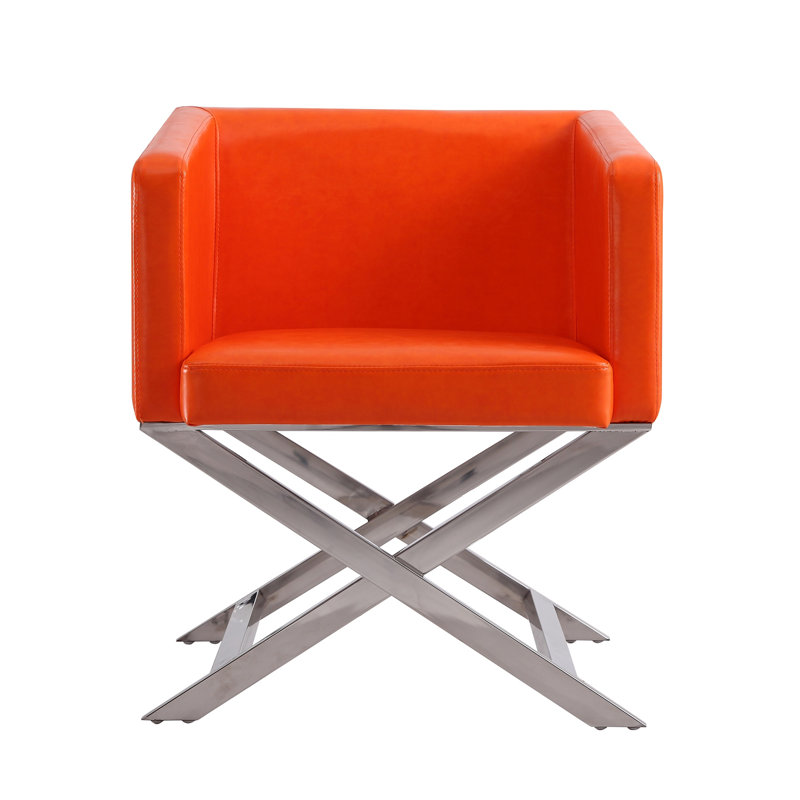 Hollywood Contemporary Vegan Leather Upholstered Stainless Steel Accent Armchair in Orange, Orange Faux Leather