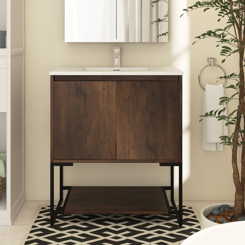 Meuble-lavabo simple 30 po avec plateau en résine Beloni, Palissandre, Blanc