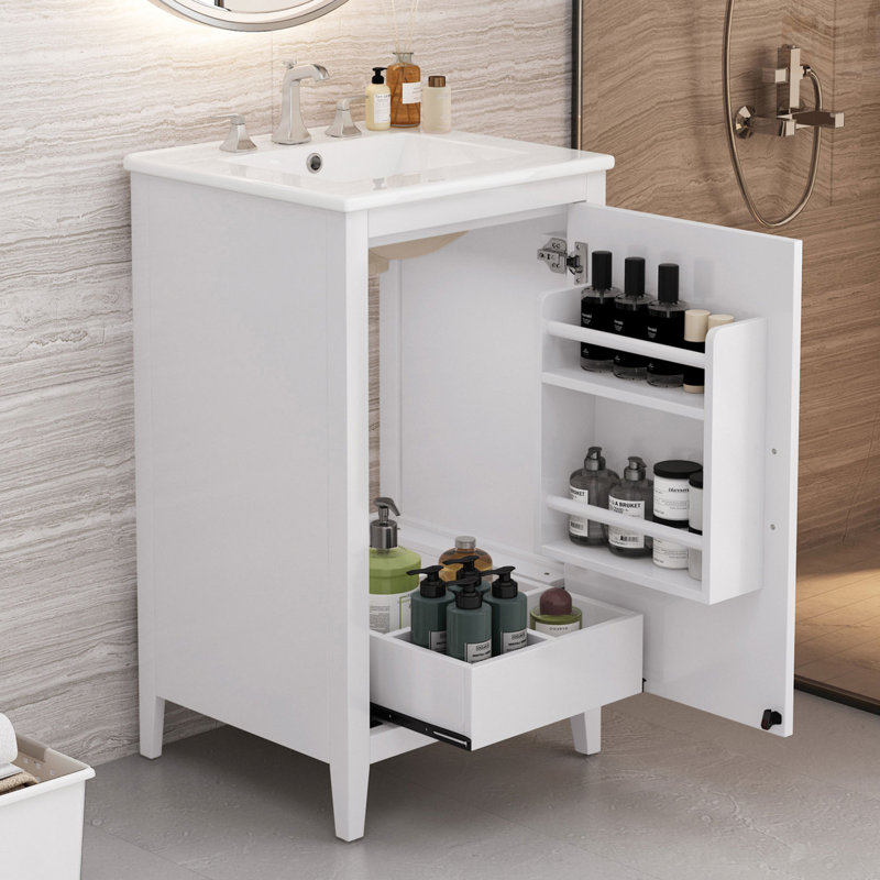 Meuble-lavabo de 20,3 po avec lavabo, tiroir fonctionnel, tablette de porte, porte à fermeture douce, Blanc