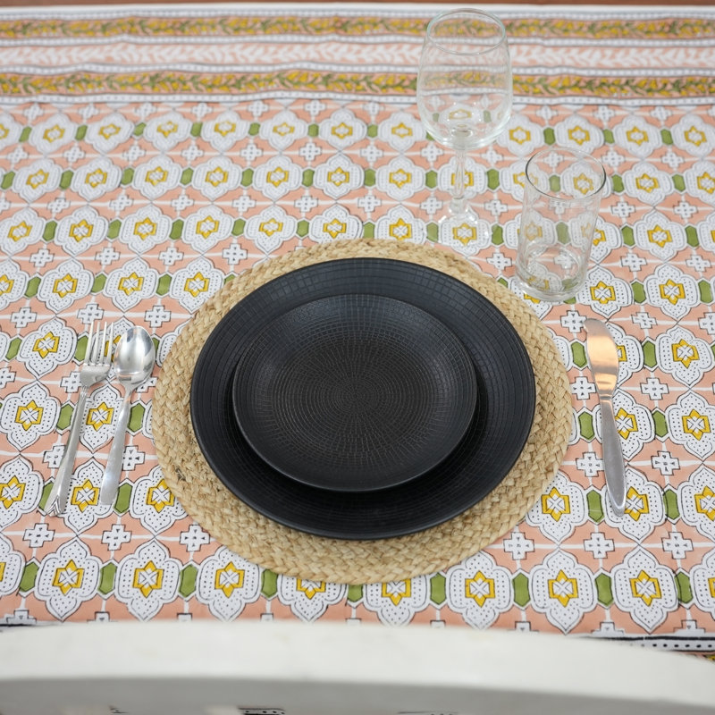 Hand Block Printed Cotton Tablecloth – Peach & Green Motif, Jarokha, Pink, 60" W x 60" L