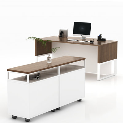 67” Wide L-Shaped Executive Desk With Bow Front Desk Mobile Filing Storage Cabinet And Bookcase
