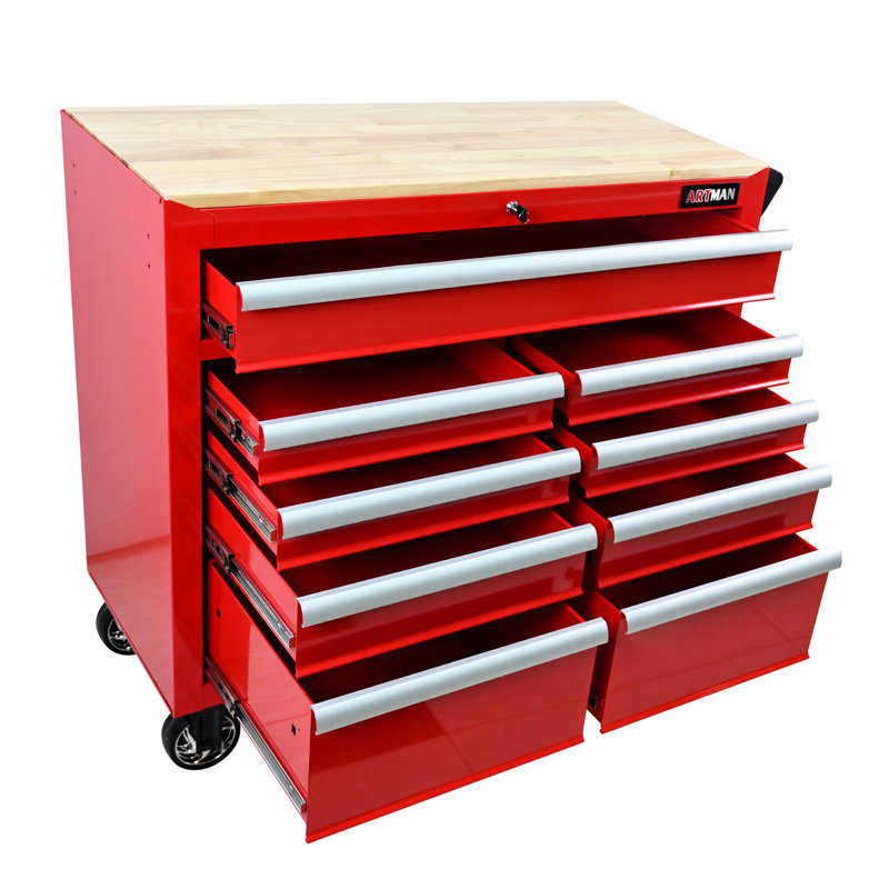 9 DRAWERS MULTIFUNCTIONAL TOOL CART WITH WHEELS AND WOODEN TOP, Red