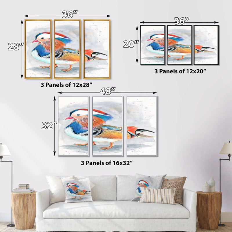Colorful Mandarin Duck - 3 pièces, reproduction sur toile, Cadre noir, H 28 po x l 36 po x P 1 po