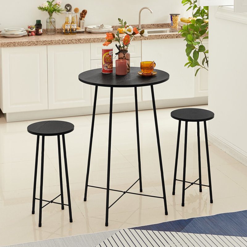 Round  Table And Chairs Set Of 3 Counter Height Bar Stools For Kitchen Breakfast, Black
