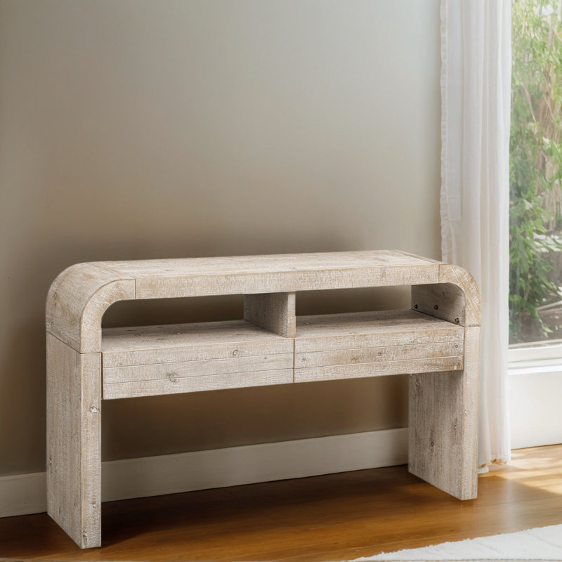 Retro Console Table With Curved Design & 2 Spacious Drawers, Narrow Entryway Table For Living Room Or Hallway, Natural Wood