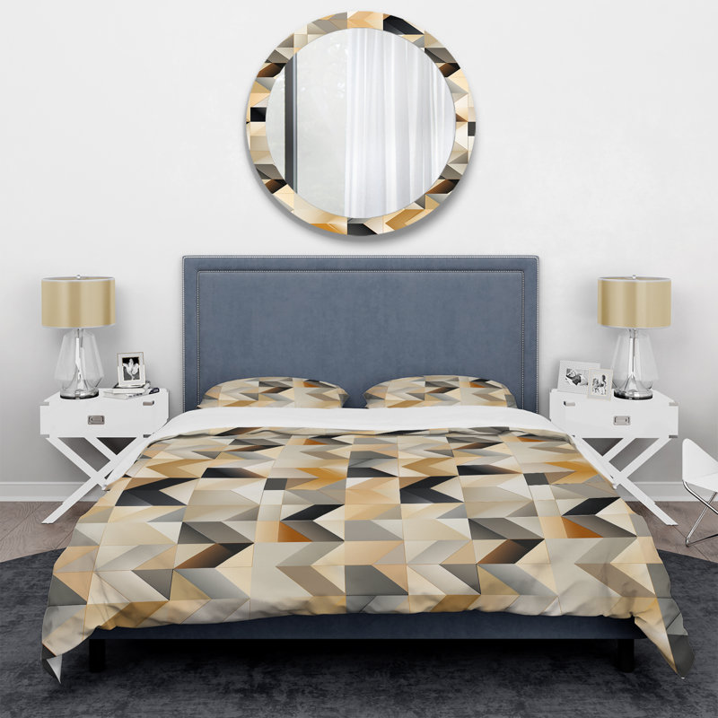 Natural Tones Grey And Beige Mosaic Geometric Shapes Duvet Cover, Twin Duvet Cover + 1 Standard Sham, Geometric Shapes 14