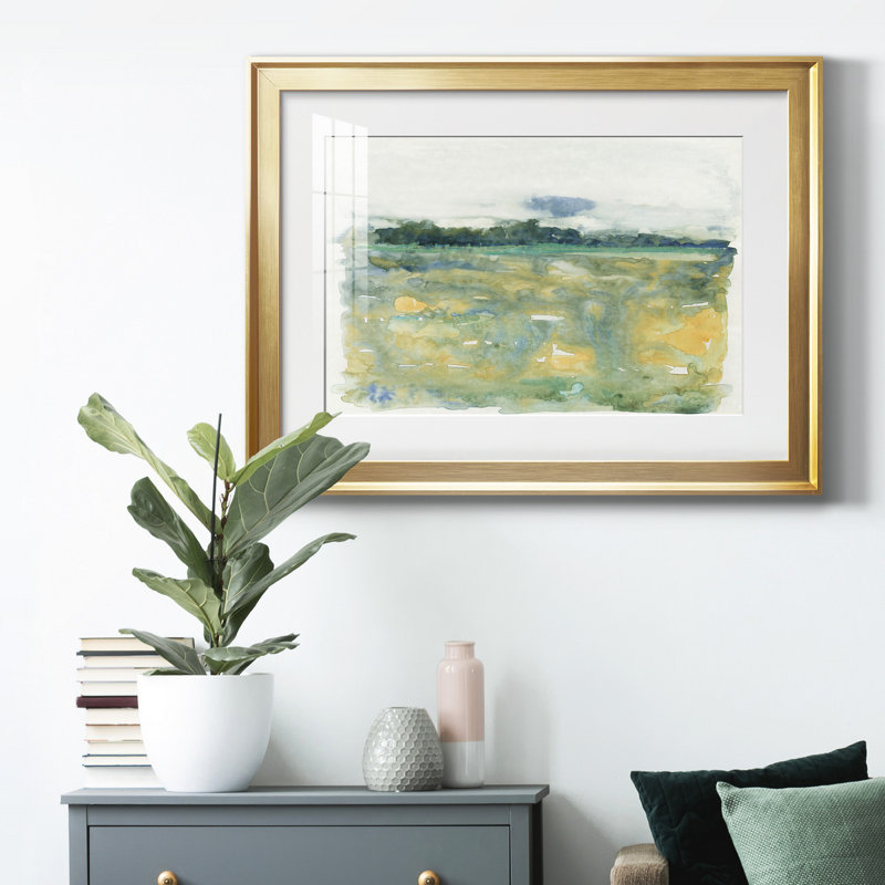 «Flowing Landscape II» - peinture encadrée, Or, H 18,5 po x l 24,5 po x P 1 po, Blanc