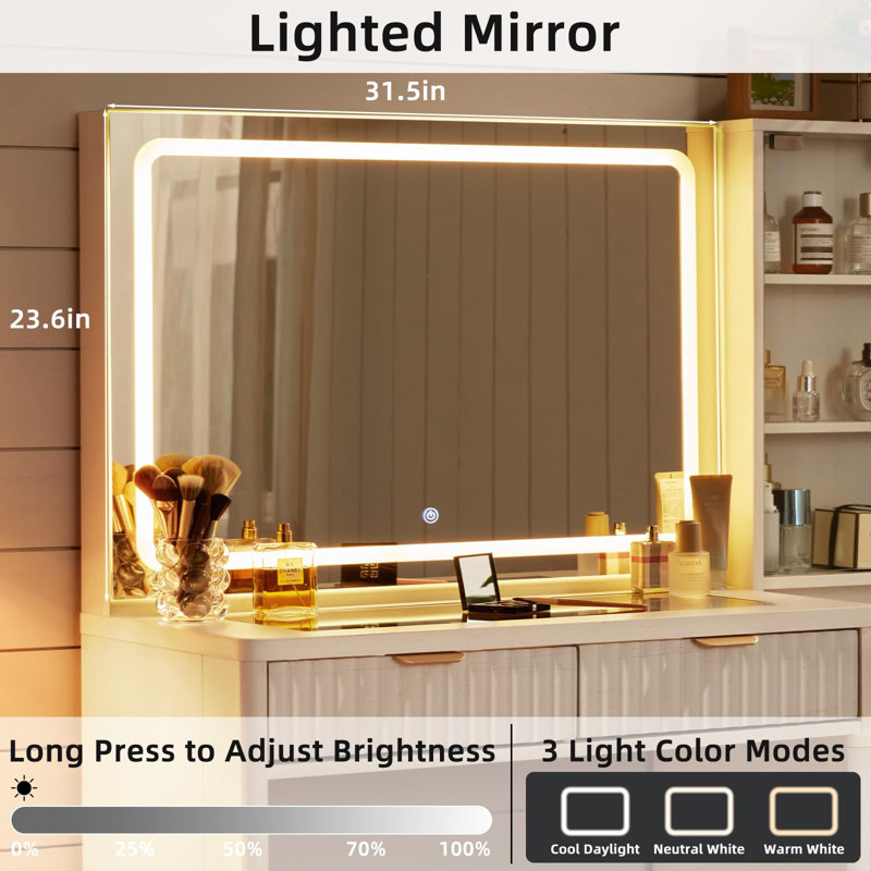 Vanity Desk With Mirror And Lights(No Chair), 43.5'' Fluted Makeup Vanity With 6 Drawers And Adjustable Shelves,Wood Make Up Vanity Dressing Table With Glass Top And Power Outlet For Bedroom