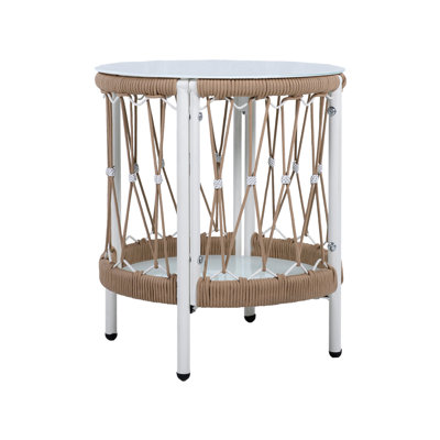 Table d'appoint bohémienne avec plateau en verre et corde tissée, acier thermolaqué, pour le salon extérieur ou le patio