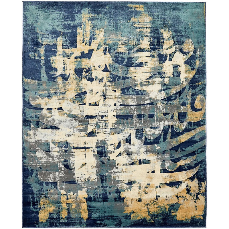 Tapis bleu marine à motif abstrait Brantlie, Rectangle 8 pi x 10 pi