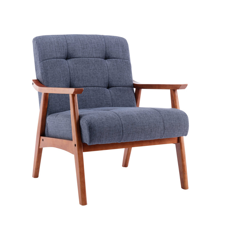 Fauteuil d'appoint en tissu capitonné avec pieds en bois d'hévéa Ameer, Mélange de polyester bleu