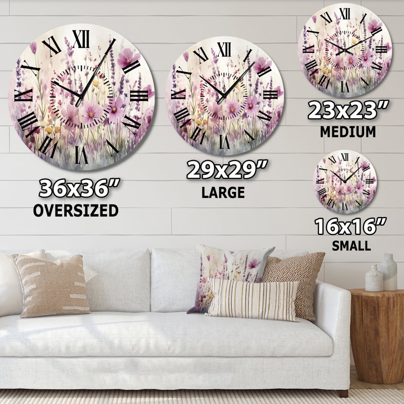 Horloge murale ronde en métal de style chalet, prairie printanière aux couleurs pastel et aux fleurs sauvages -