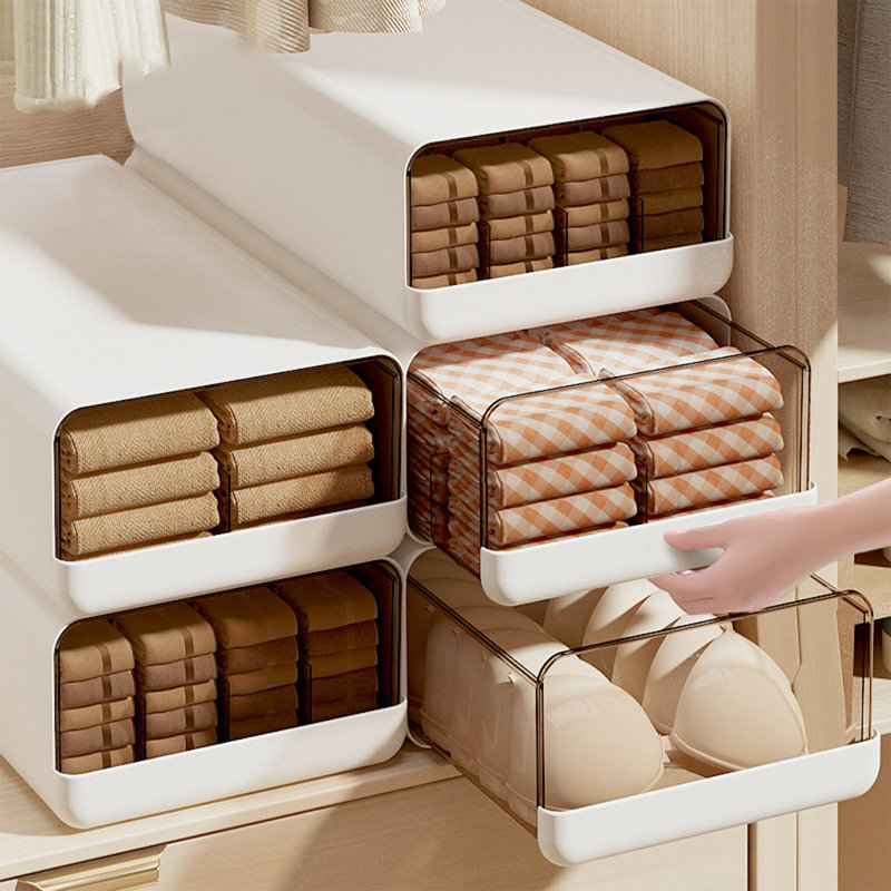 Bacs de rangement empilables en plastique, organisateurs de placard pliables et rangements avec porte coulissante à tiroir et contenants de rangement