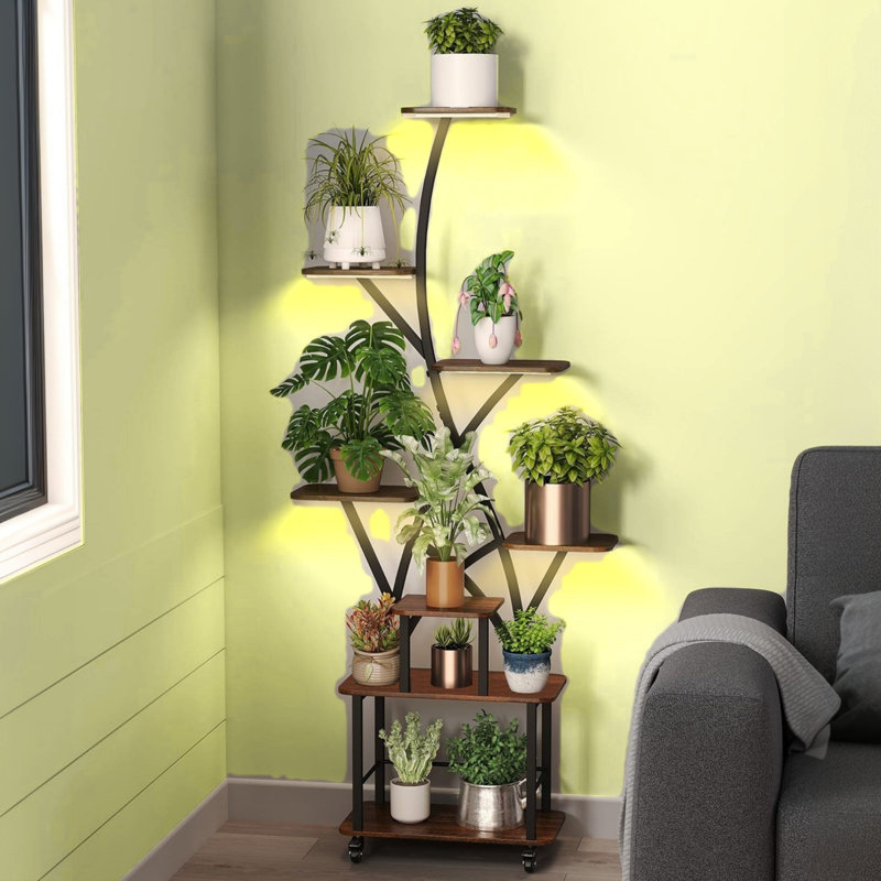 Support pour plante d'intérieur moderne à 8 niveaux de 64 po - Lumière de croissance intégrée, structure en métal et en bois aggloméré, noyer et noir (tablettes réglables pour le balcon / le salon)?