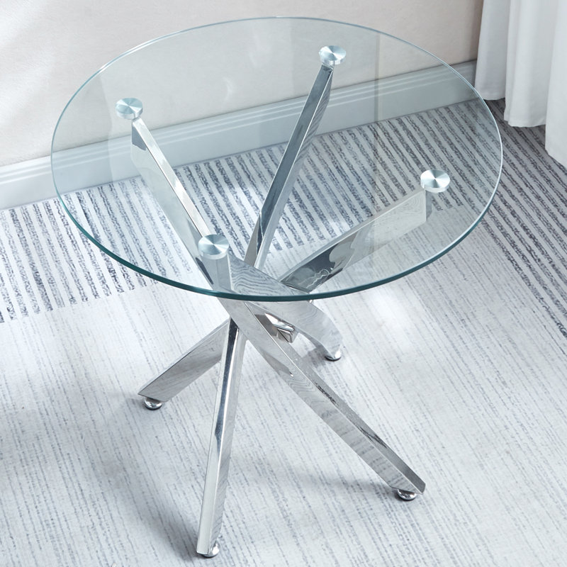 Modern Round Tempered Glass End Table With Chrome Legs, 21.97" H x 23.67" W x 23.67" D, Silver Duplicate