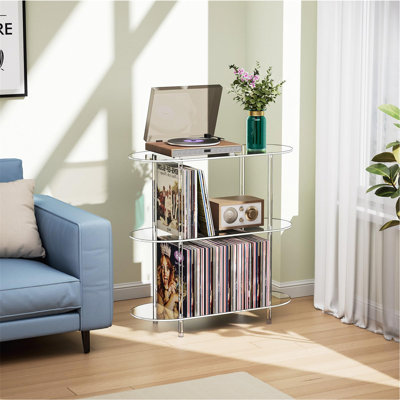 Clear Acrylic Record Player Stand, 3 Tier Oval Side Table, Modern