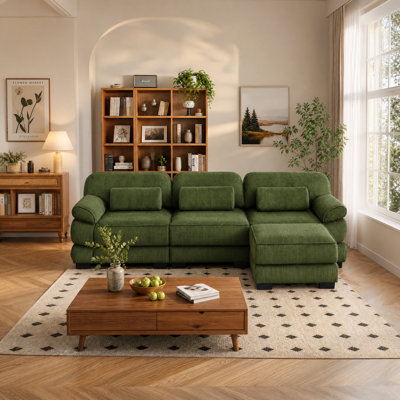 L-Shaped Modular Sectional Sofa, 3-Seats Sofa with Ottoman, Comfy Thick Seat Cushions, Breathable Corduroy Fabric, Green for Living Room Bedroom Apartment