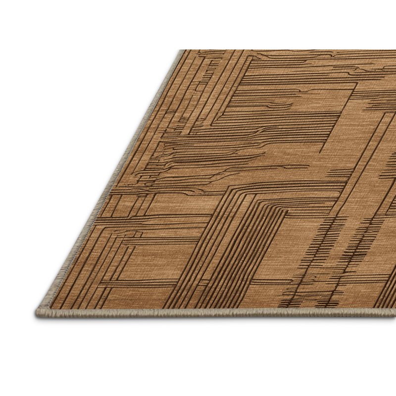 Machine Washable Art Deco Brown Area Rug, Round 5'