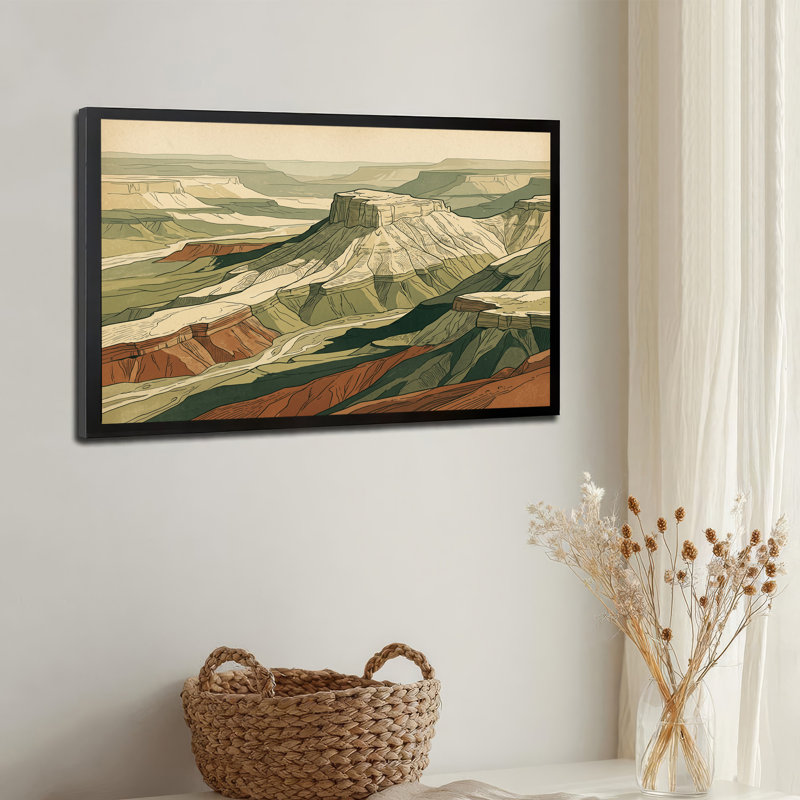 Art mural sur toile stylisé «Mesa Canyon» en vert terreux et rouille, 20"H x 30"W