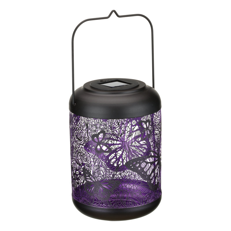 14.5 Inch Metal Solar Powered Outdoor Shadow Lantern with Decorative Cutout Patterns and Hanging Handle, Purple