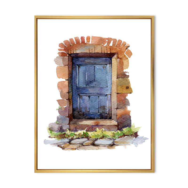 Vieille porte d'entrée rustique - peinture sur toile, H 32 po x l 24 po x P 1 po, Cadre flottant doré