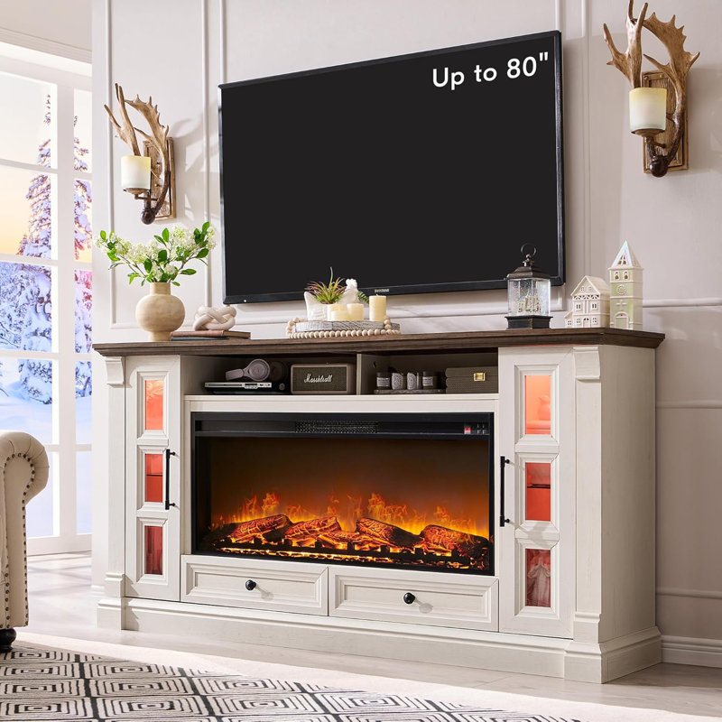 Farmhouse Tv Stand With Electric Fireplace, White/Brown