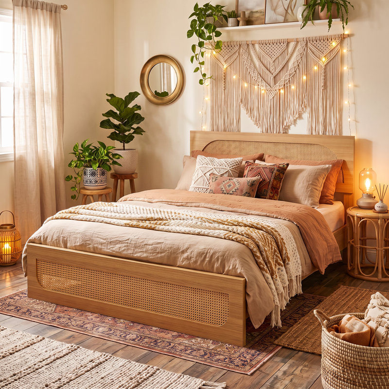 Base de lit avec tête de lit Modern Farmhouse, Lit double, Naturel