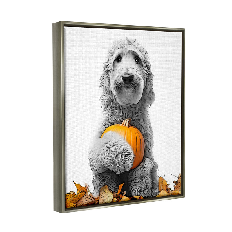 Chien et feuilles d'automne sur toile, H 21 po x l 17 po x P 1,7 po, Cadre flottant gris lustré