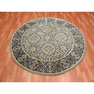 Takyra One-of-a-Kind 6'2" New Age Round Cotton and Silk Area Rug in Black and Yellow