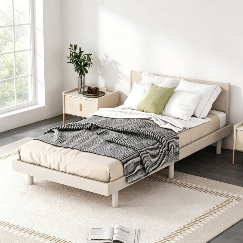 Structure de lit flottante de conception moderne, base de lit en bois, Lit simple, Blanchies