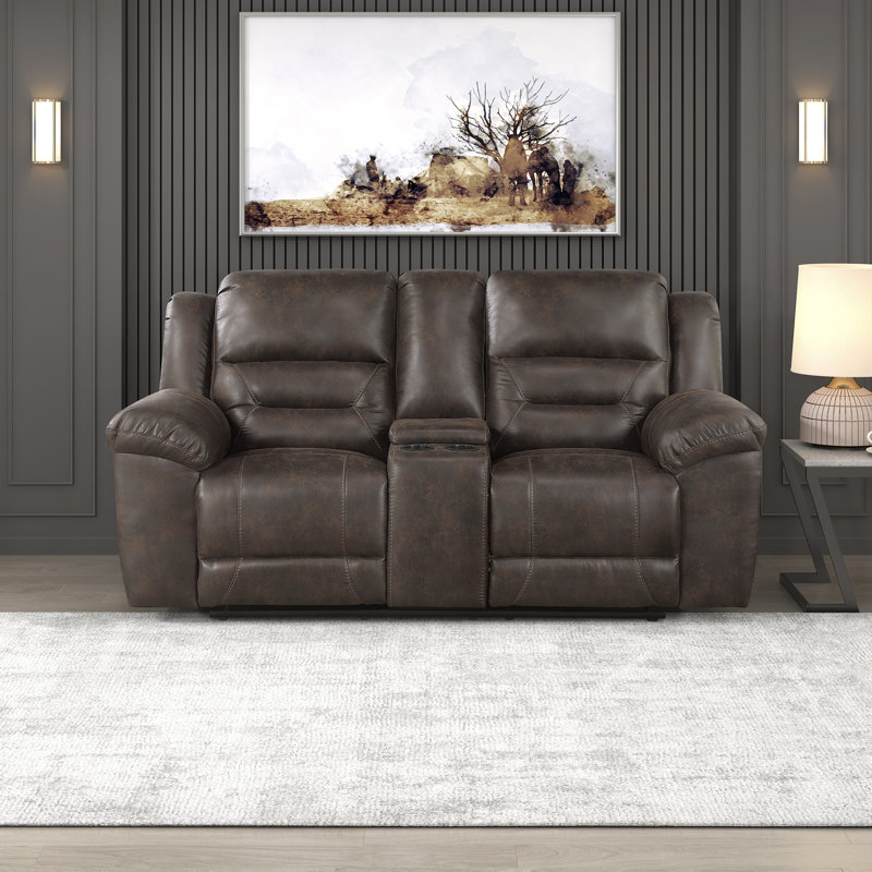 Hamisi 81" Transitional Polished Microfiber Manual Double Reclining Loveseat with Center Storage Console & Integrated Cup Holders