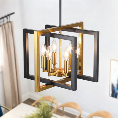 6-Light 15 in. Dimmable Modern Industrial Geometric Candle Style Chandelier with Square Open Frame For Kitchen Island Living Room And Entryway 