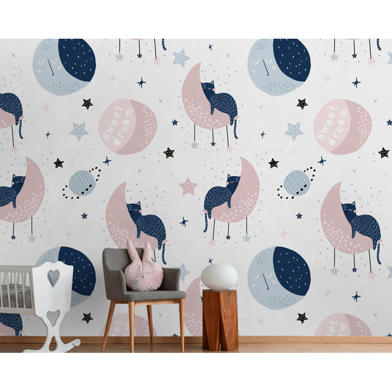 Papier peint amovible pour enfants, lune de chat et mignon chat endormi, L 35,04 po x l 55 po