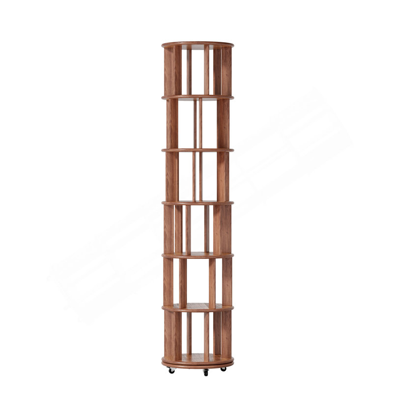 100%Solid Wood Rotating Bookshelf On Wheels, 6 Tier, Round Revolving Bookcase, 360° Spinning Book Shelf Tower For , Narrow Rolling Bookshelves For Small Space, Corner, Bedroom, Office, Walnut