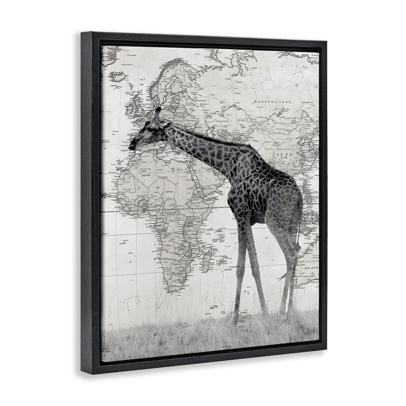 Girafe sauvage avec carte du monde, Cadre flottant noir de jais, H 21 po x l 17 po