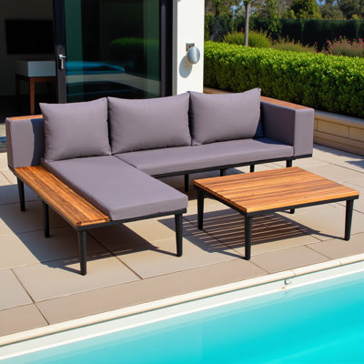 Ensemble de mobilier de patio avec coussins amovibles et table basse, canapé d'angle en bois d'acacia de forme en L avec table d'appoint, ensemble de conversation extérieur pour jardin et terrasse, gris