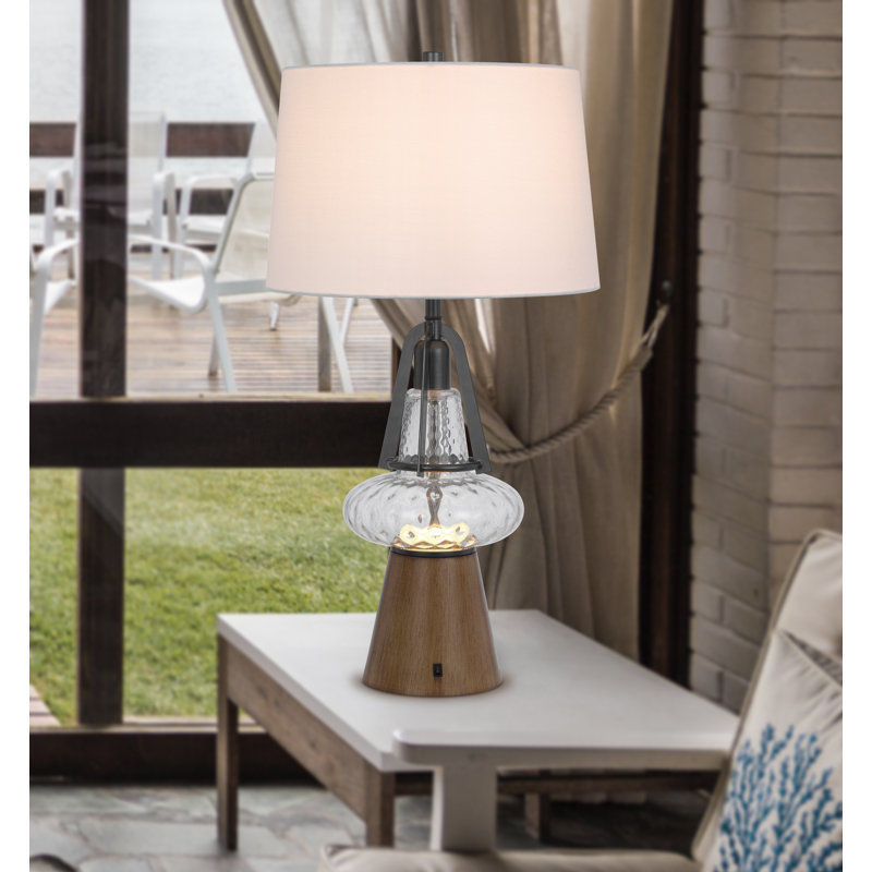 Leya Table Lamp, Lantern Style Glass Base, White Fabric Shade
