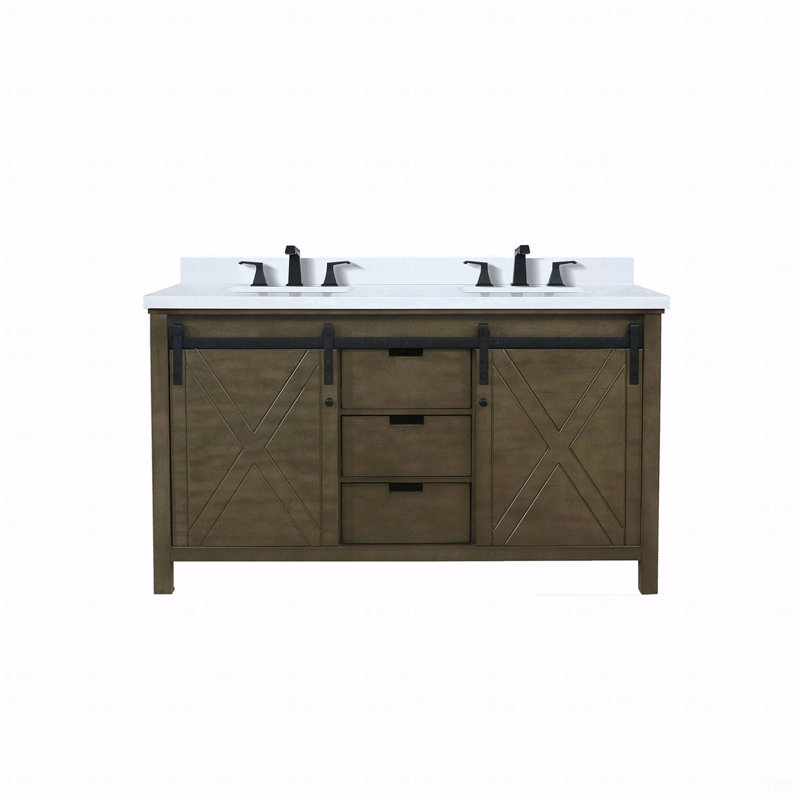 Ensemble de meuble-lavabo à double cuve 60 po x 22 po de profondeur, Brun, Marbre de culture blanc