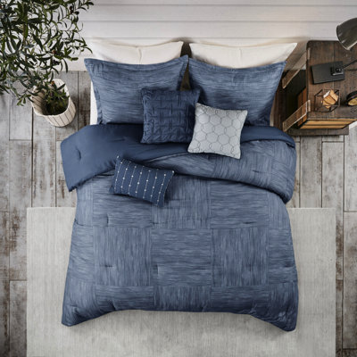 Ensemble de literie à motif d'édredon imprimé bleu marine 7 pièces avec motif classique Seersucker
