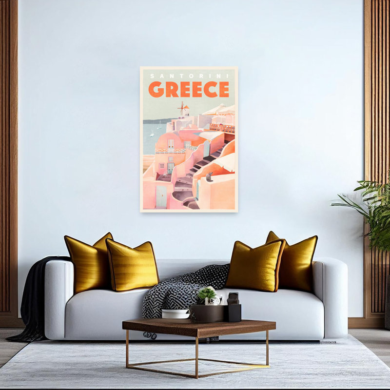 Santorin, Grèce, voyage, affiche rétro, romantique, contemporain, chat, architecture, art mural côtier, 60" H x 40" W