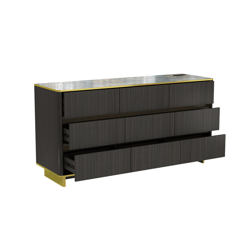 Commode 9 tiroirs l 63 po avec station de charge, plateau UV en marbre, Black