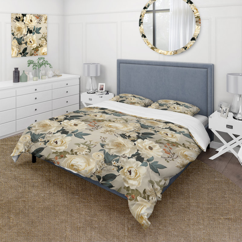 Cream Delicate Inspired Botanicals - Ensemble de housse de couette à motif floral