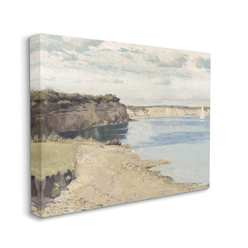 Still Still Oceanside Falaises et un voilier, peinture, Toile tendue, H 36 po x l 48 po