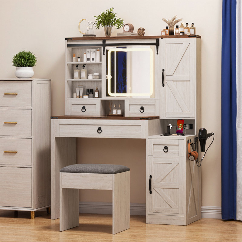 42" Farmhouse Vanity – Sliding LED Mirror, Glass-Top Display, 4 Drawers + 2 Cabinets, Built-In Charging Station, Side Hooks & Cup Holder