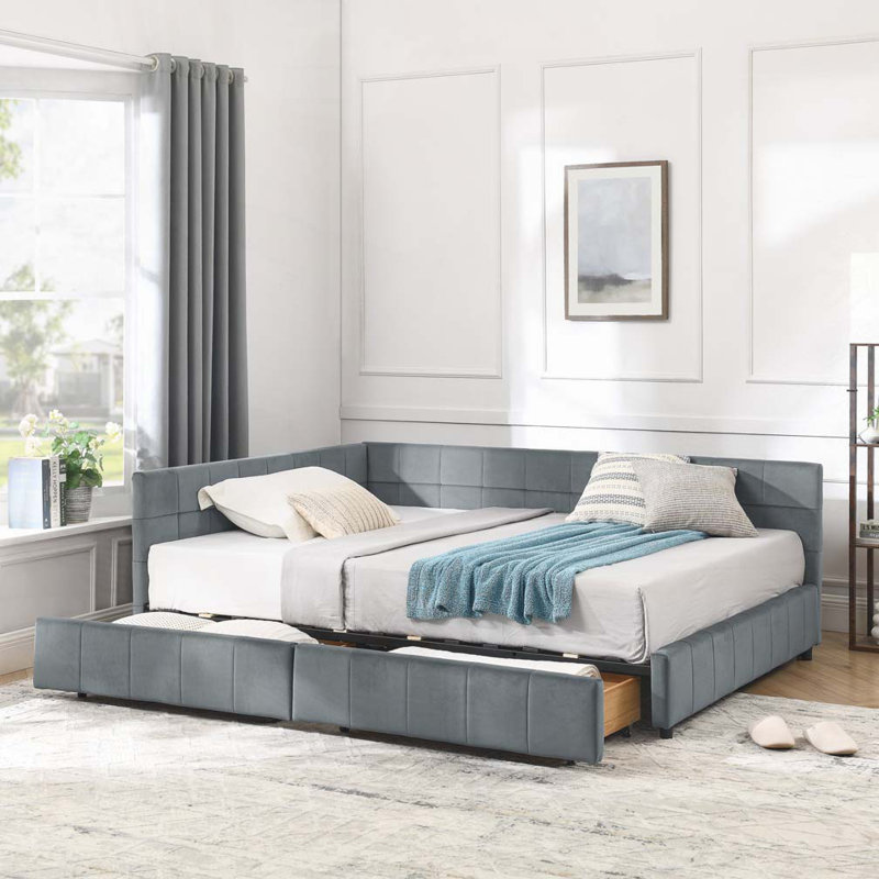Lit de jour en velours avec rangement, Gris, Lit double