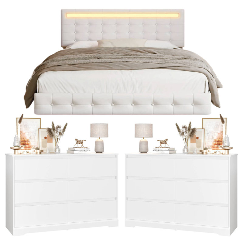 3-Piece Bedroom Sets, Floating Bed Frame With Lighted Headboard & 2 6-Drawer Double Dresser, Queen, White