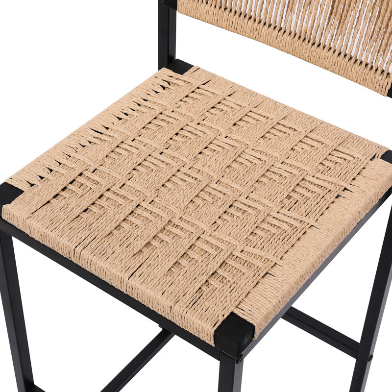 Élégantes chaises de bar de salle à manger - 2 pièces, corde de papier tissée, style noir avec 2 tabourets, structure en métal